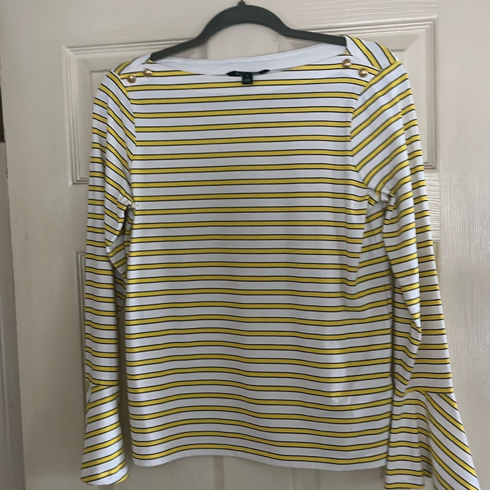 Lauren boatneck striped yellow and white top with gold buttons Sz sm. Preppy